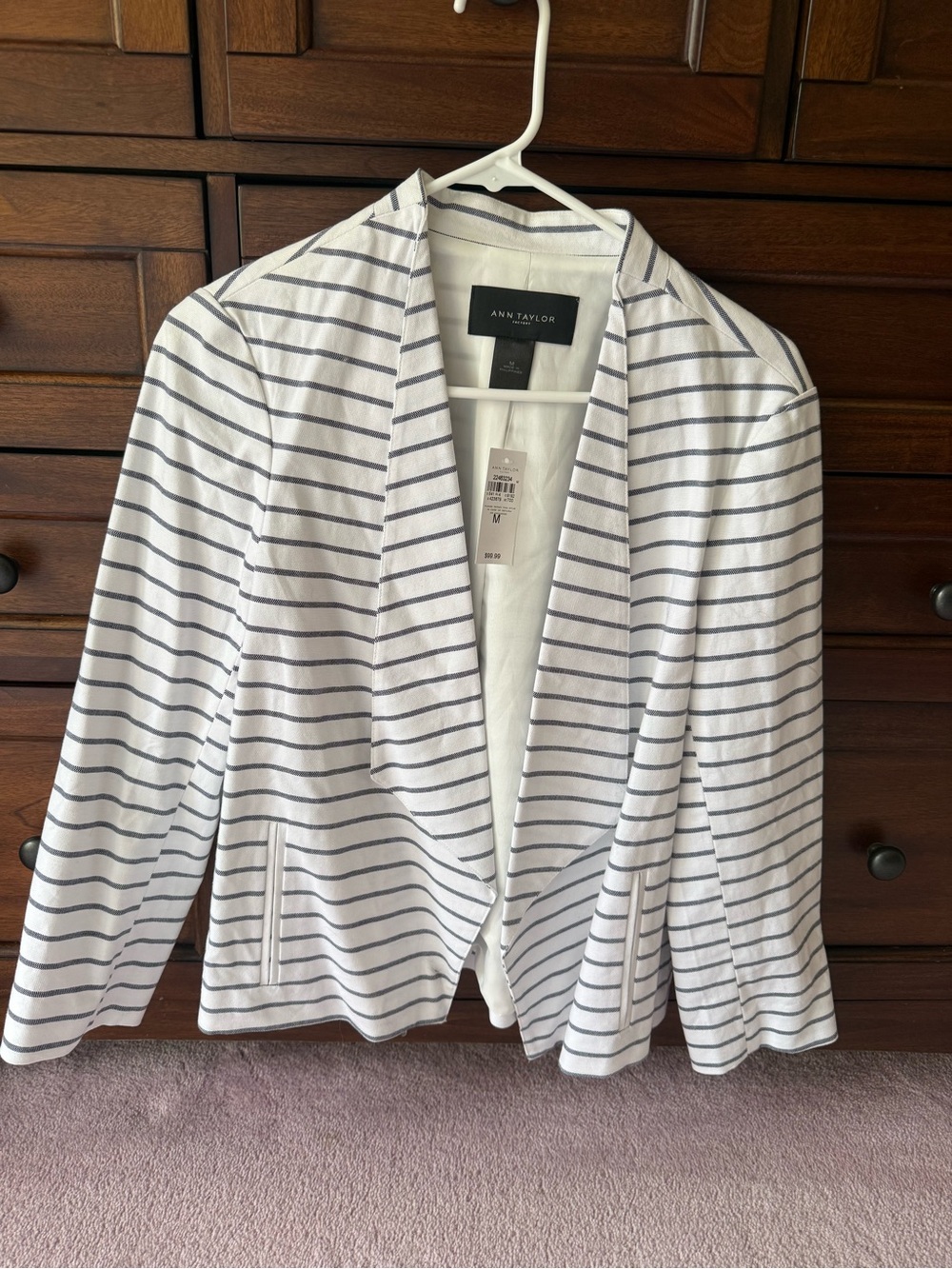 Ann Taylor White and Navy Striped Open Drape Blazer